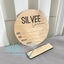Load image into Gallery viewer, Baby Announcement with Birth Stats, Personalized with Name | Custom Round Wood Sign | Baby Name Reveal | Sign for Hospital