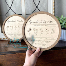 Load image into Gallery viewer, Mother's Day Birth Month Flower Family Sign, personalized, Round | Grandma's Garden | Mom's Garden | 1-6 Names and Birthdates