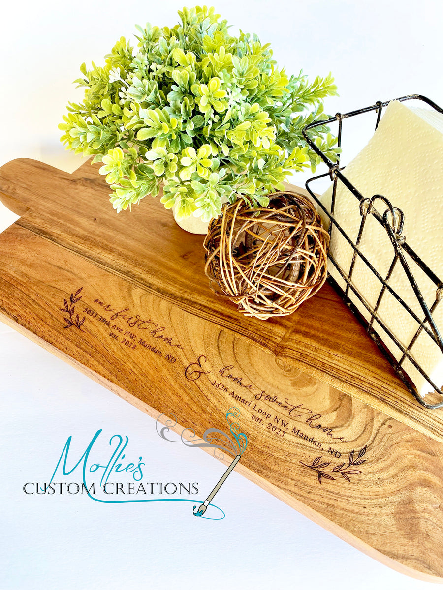 Custom Engraved Large Wood Serving Cutting Board Centerpiece with legs
