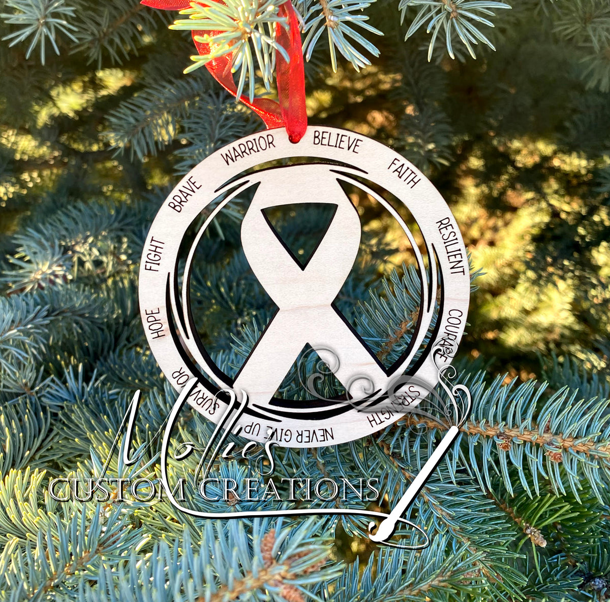Cancer Ribbon Ornament Wooden Christmas ornament Mollie's Custom