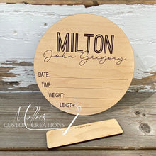 Load image into Gallery viewer, Baby Announcement with Birth Stats, Personalized with Name | Custom Round Wood Sign | Baby Name Reveal | Sign for Hospital