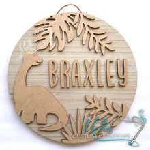 Load image into Gallery viewer, Dinosaur Name Sign | DIY Paint Kit | Round Door Hanger | Kid's Bedroom Nursery Décor, Personalized