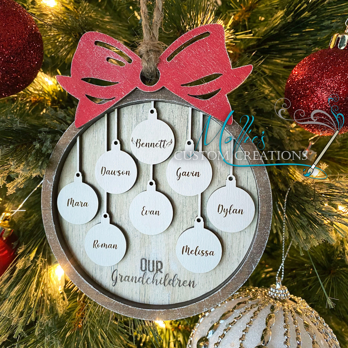Family Christmas Ornament with Round Baubles, Personalized with Names