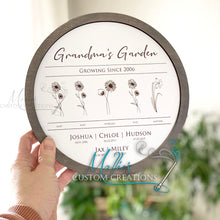Load image into Gallery viewer, Mother's Day Birth Month Flower Family Sign, personalized, Round | Grandma's Garden | Mom's Garden | 1-6 Names and Birthdates