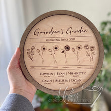 Load image into Gallery viewer, Mother's Day Birth Month Flower Family Sign, personalized, Round | Grandma's Garden | Mom's Garden | 1-6 Names and Birthdates