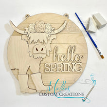 Load image into Gallery viewer, Highland Cow Hello Spring Door Hanger | DIY Paint Kit Round Wood Sign Décor