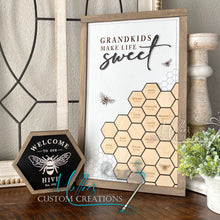 Load image into Gallery viewer, Honeycomb Family Sign, personalized, up to 22 names | Grandkids Make Life Sweet | Names and Birthdates | Honey bee