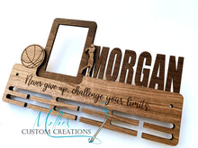 Load image into Gallery viewer, Medal Display Holder with Photo Frame, Personalized with Name and sports figures | Sports Medal Display