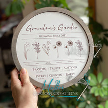 Load image into Gallery viewer, Mother's Day Birth Month Flower Family Sign, personalized, Round | Grandma's Garden | Mom's Garden | 1-6 Names and Birthdates