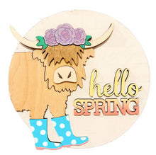 Load image into Gallery viewer, Highland Cow Hello Spring Door Hanger | DIY Paint Kit Round Wood Sign Décor