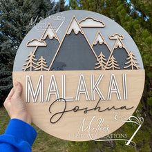 Load image into Gallery viewer, Mountain Nursery Name Sign | Personalized Boy or Girl Décor | Custom Round Wood Sign | New Baby Gift
