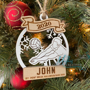 Volleyball Christmas Ornament, Personalized with Name | Engraved Wood Bauble with Snowflakes