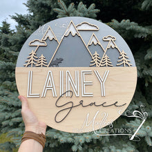 Load image into Gallery viewer, Mountain Nursery Name Sign | Personalized Boy or Girl Décor | Custom Round Wood Sign | New Baby Gift
