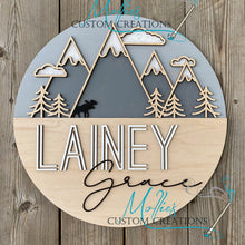 Load image into Gallery viewer, Mountain Nursery Name Sign | Personalized Boy or Girl Décor | Custom Round Wood Sign | New Baby Gift
