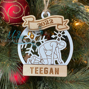 Track Field Athlete Runner Christmas Ornament, Personalized with Name | Engraved Wood Bauble with Snowflakes | Cross Country