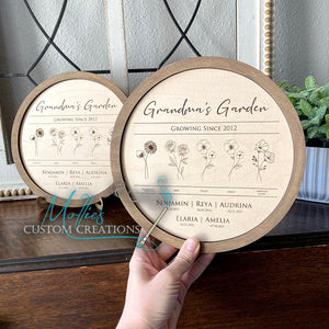 Mother's Day Birth Month Flower Family Sign, personalized, Round | Grandma's Garden | Mom's Garden | 1-6 Names and Birthdates