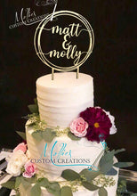 Load image into Gallery viewer, Personalized Circle Cake Topper | Wedding, Birthday, Anniversary | First Names, Mr &amp; Mrs | Customizable
