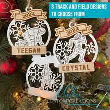 Load image into Gallery viewer, Track Field Athlete Runner Christmas Ornament, Personalized with Name | Engraved Wood Bauble with Snowflakes | Cross Country

