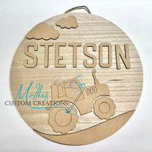 Load image into Gallery viewer, Tractor Name Sign | DIY Paint Kit | Round Door Hanger | Kid&#39;s Bedroom Nursery Décor, Personalized
