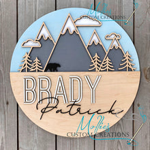 Load image into Gallery viewer, Mountain Nursery Name Sign | Personalized Boy or Girl Décor | Custom Round Wood Sign | New Baby Gift
