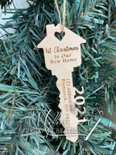 Load image into Gallery viewer, 1st Christmas in new home Ornament | Wooden key shape | First Christmas | House closing gift
