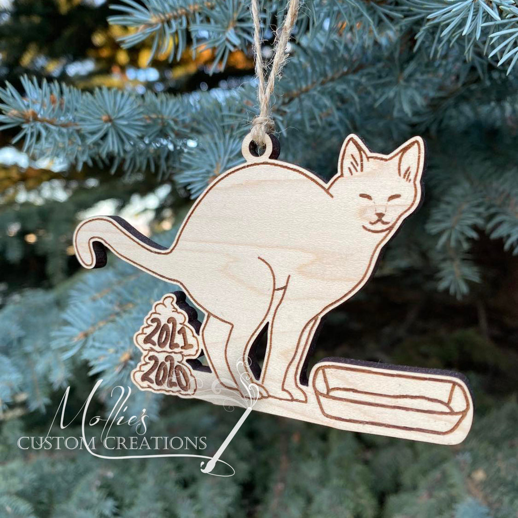 2021 Pooping Cat Ornament | Wooden Christmas Bauble | Funny