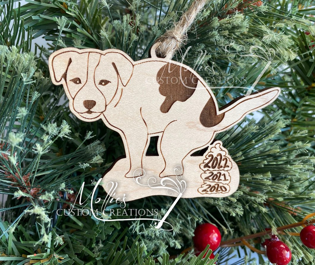 2022 Pooping Dog Ornament | Wooden Christmas Bauble | Funny