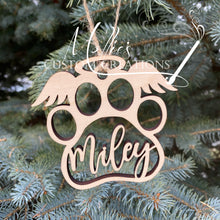 Load image into Gallery viewer, Angel Pet Paw Christmas Ornament, Personalized with Name | Angel Wings, Halo | Laser Cut Wood | Memorial
