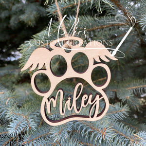 Angel Pet Paw Christmas Ornament, Personalized with Name | Angel Wings, Halo | Laser Cut Wood | Memorial