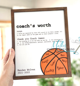 Coach's Worth definition & Thank You sign | Basketball Coach Gift | Personalized, players names