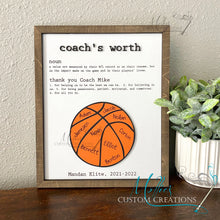 Load image into Gallery viewer, Coach&#39;s Worth definition &amp; Thank You sign | Basketball Coach Gift | Personalized, players names
