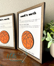 Load image into Gallery viewer, Coach&#39;s Worth definition &amp; Thank You sign | Basketball Coach Gift | Personalized, players names
