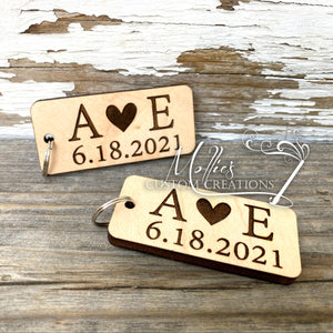 Couples Initials with Wedding Date Keychains | Personalized Wood key chain | Purse Tag