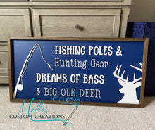 Load image into Gallery viewer, Fishing Poles &amp; Hunting Gear Nursery Sign | Bedroom Décor | Custom Wood Sign | New Baby Gift | Deer
