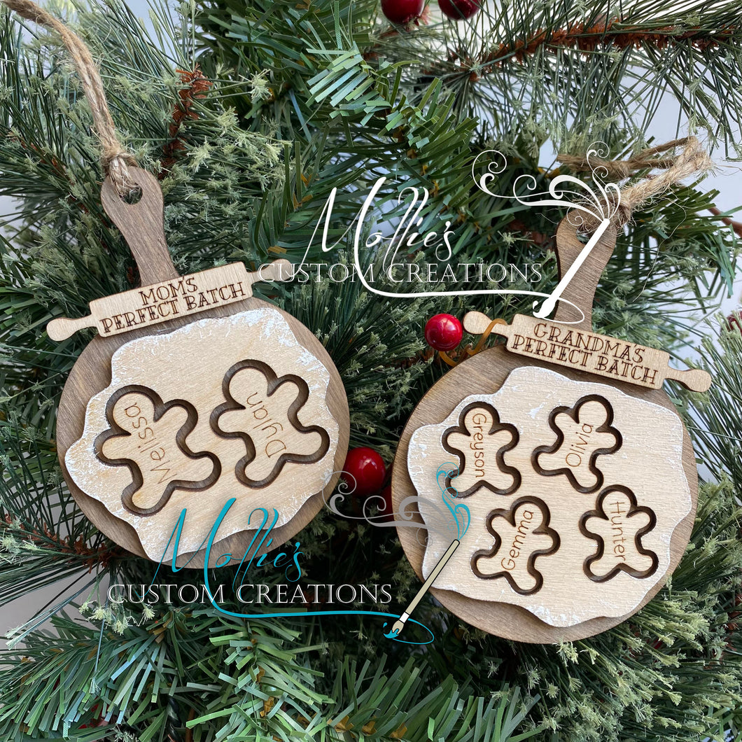Gingerbread Cookie Dough Family Christmas Ornament, Personalized with Names on Cutting Board with Custom Rolling Pin | 1-10 names