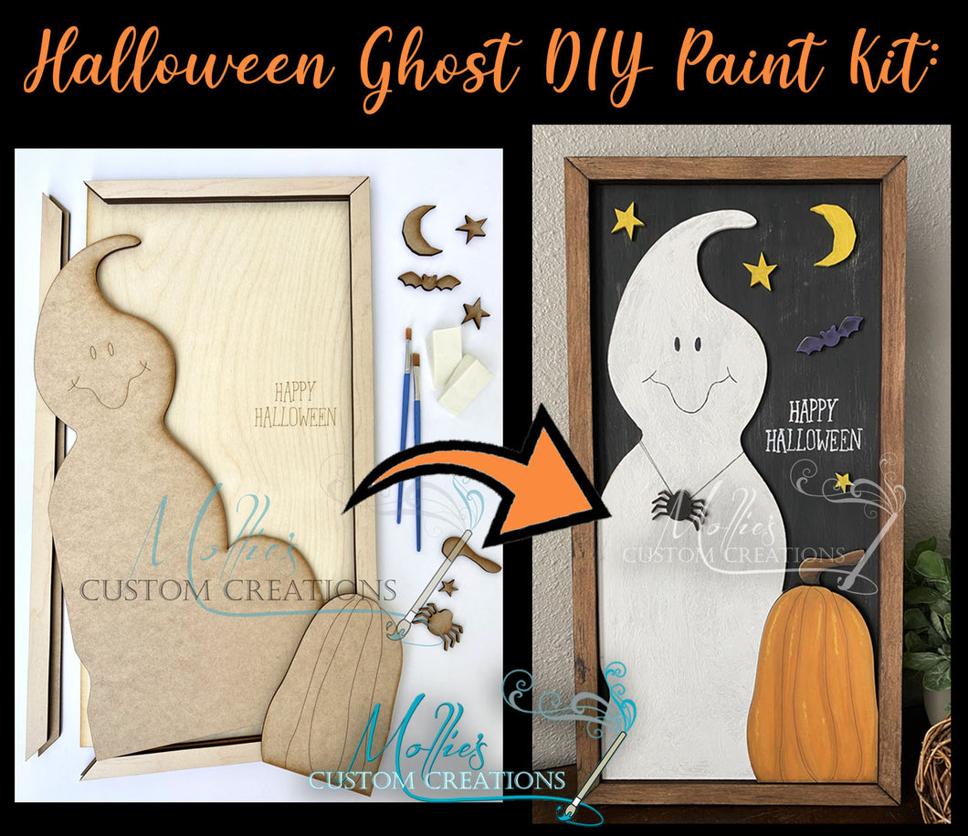 Happy Halloween Ghost Sign DIY PAINT KIT | Halloween Décor | DIY Wood Craft Kit | Kids Art Project