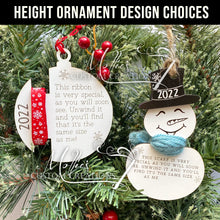 Load image into Gallery viewer, Personalized Ribbon Height Ornament, SNOWMAN | Wooden Christmas ornament, personalization options
