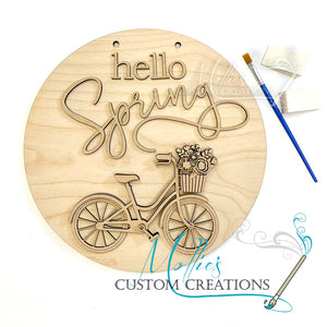 Hello Spring Bicycle Door Hanger | DIY Paint Kit Round Wood Sign Décor