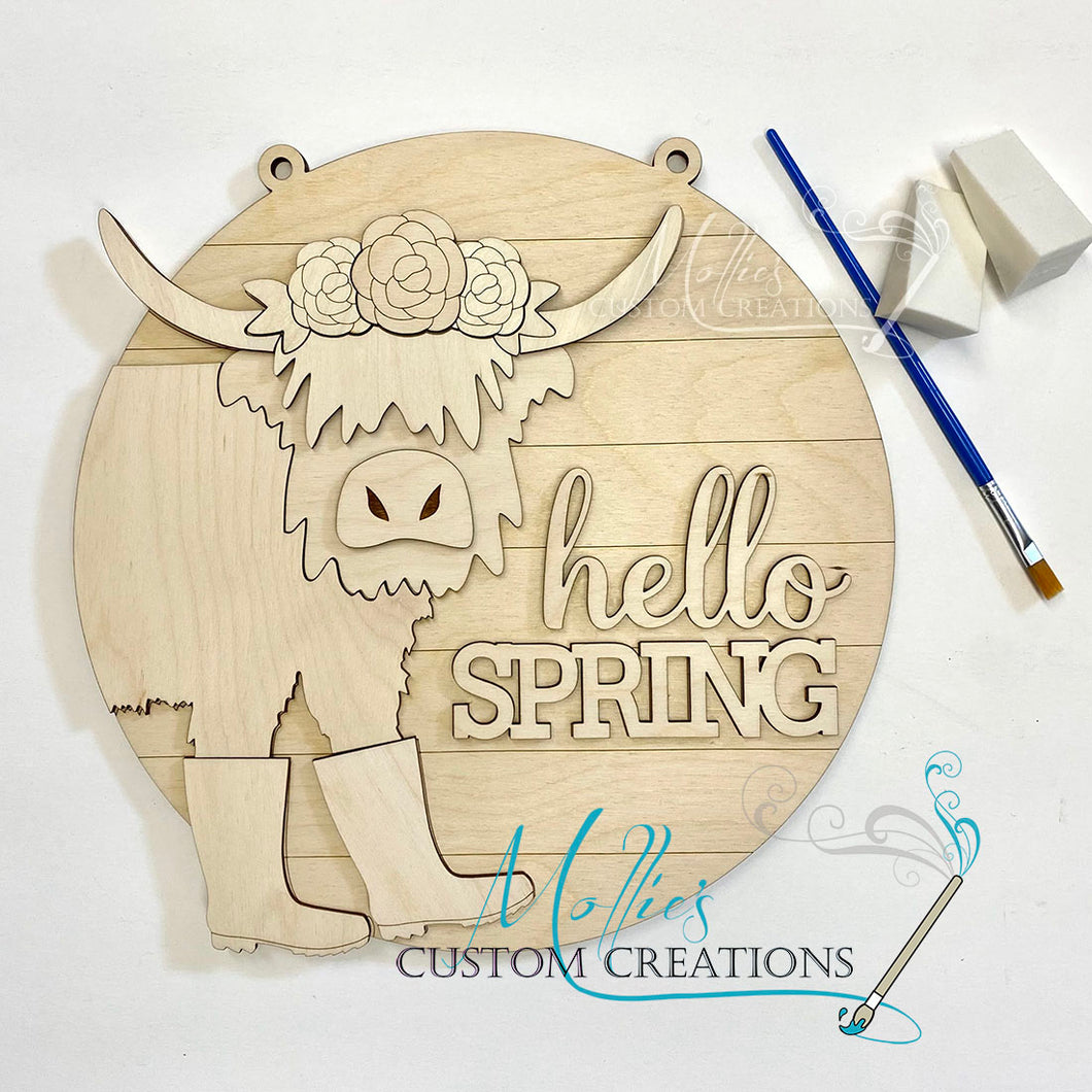 Highland Cow Hello Spring Door Hanger | DIY Paint Kit Round Wood Sign Décor
