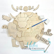 Load image into Gallery viewer, Highland Cow Hello Spring Door Hanger | DIY Paint Kit Round Wood Sign Décor
