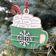 Load image into Gallery viewer, Hot Chocolate Family Christmas Ornament, Marshmallows Personalized with Names | 1-7 names | Wooden Bauble
