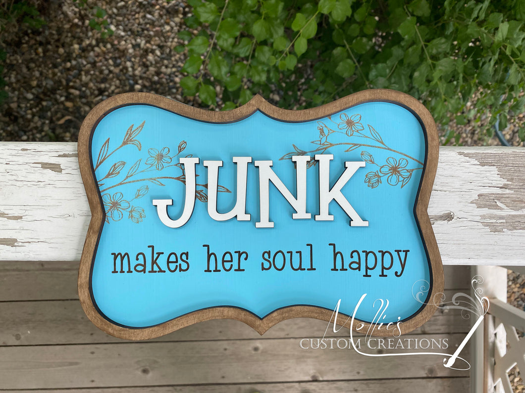 Junk makes her soul happy Sign | Funny Gift for Her | Unique Frame Shape | Vintage Floral Wall Art | Wood Sign