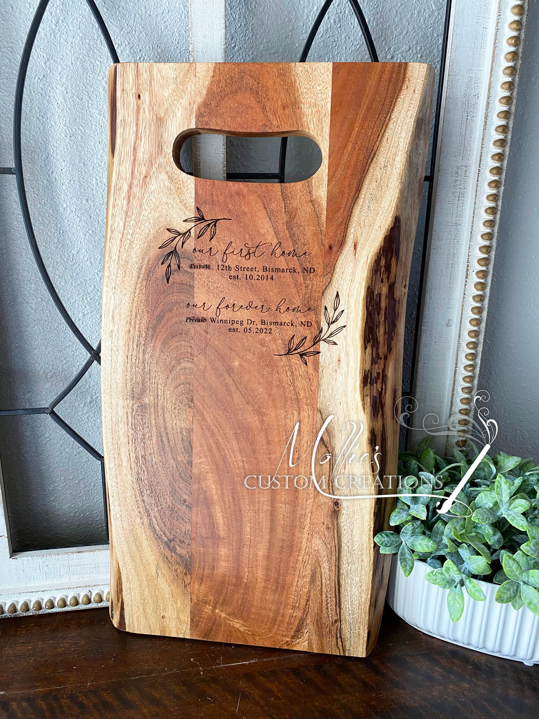 Custom Engraved Large Wood Serving Board with Live Edge | Personalized Kitchen Décor