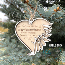 Load image into Gallery viewer, Memorial Ornament, Personalized | Heart with Angel Wings | In loving memory | Laser Cut Wood | Christmas Bauble

