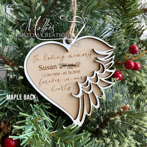Memorial Ornament, Personalized | Heart with Angel Wings | In loving memory | Laser Cut Wood | Christmas Bauble