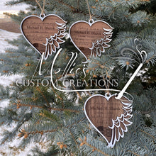 Load image into Gallery viewer, Memorial Ornament, Personalized | Heart with Angel Wings | In loving memory | Laser Cut Wood | Christmas Bauble
