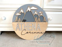 Load image into Gallery viewer, Mountain Nursery Name Sign | Personalized Boy or Girl Décor | Custom Round Wood Sign | New Baby Gift
