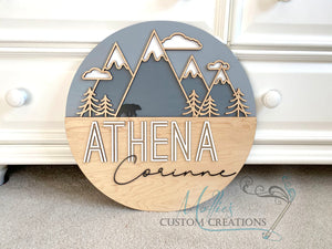 Mountain Nursery Name Sign | Personalized Boy or Girl Décor | Custom Round Wood Sign | New Baby Gift
