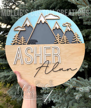 Load image into Gallery viewer, Mountain Nursery Name Sign | Personalized Boy or Girl Décor | Custom Round Wood Sign | New Baby Gift
