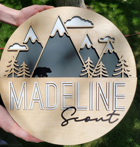 Mountain Nursery Name Sign | Personalized Boy or Girl Décor | Custom Round Wood Sign | New Baby Gift